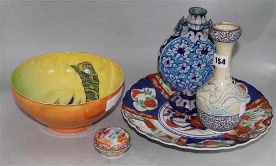 A Carltonware bowl, a Cantonese pot and cover, an imari dish, a moon vase and an Oriental vase
